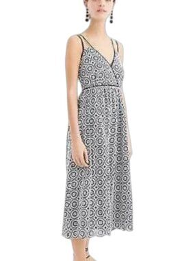 J.Crew Navy White Eyelet Midi Dress Size Small Double Strap Cotton Coastal